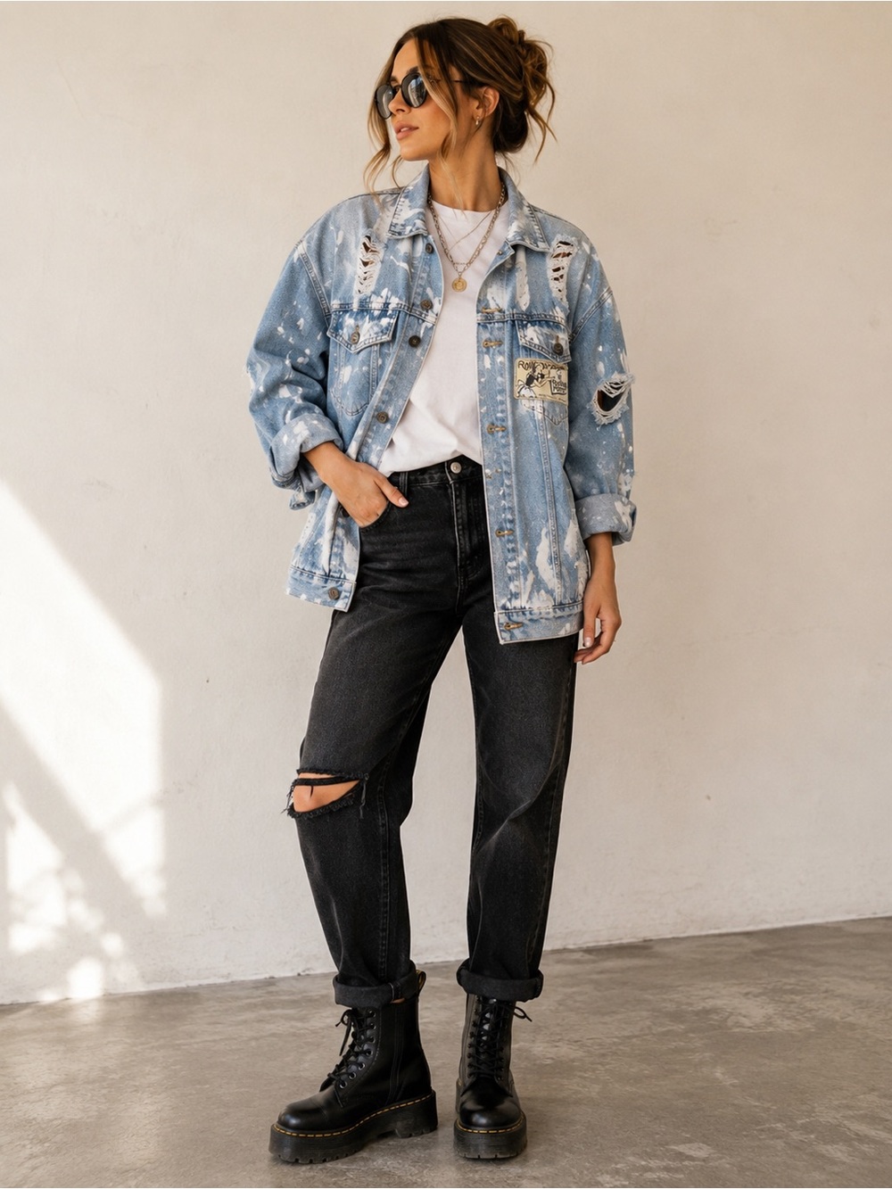 Rollas Rolling Papers Distressed Denim Jacket Bleach Splatter Oversized Size L